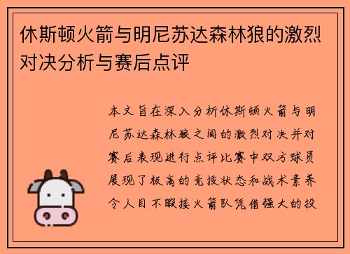 休斯顿火箭与明尼苏达森林狼的激烈对决分析与赛后点评